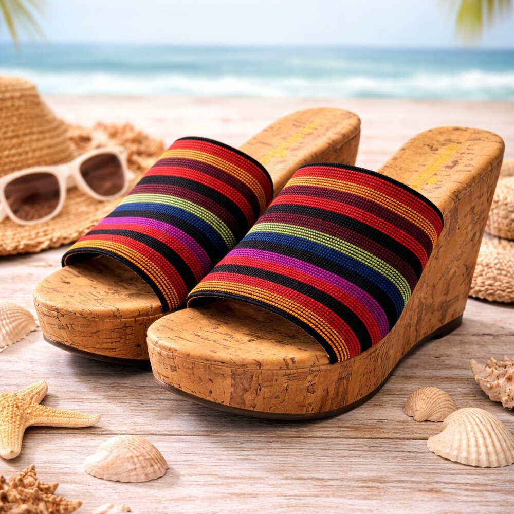 Montego Bay Club Cork Wedge Slide Sandals Multicolor Stripe Size 8